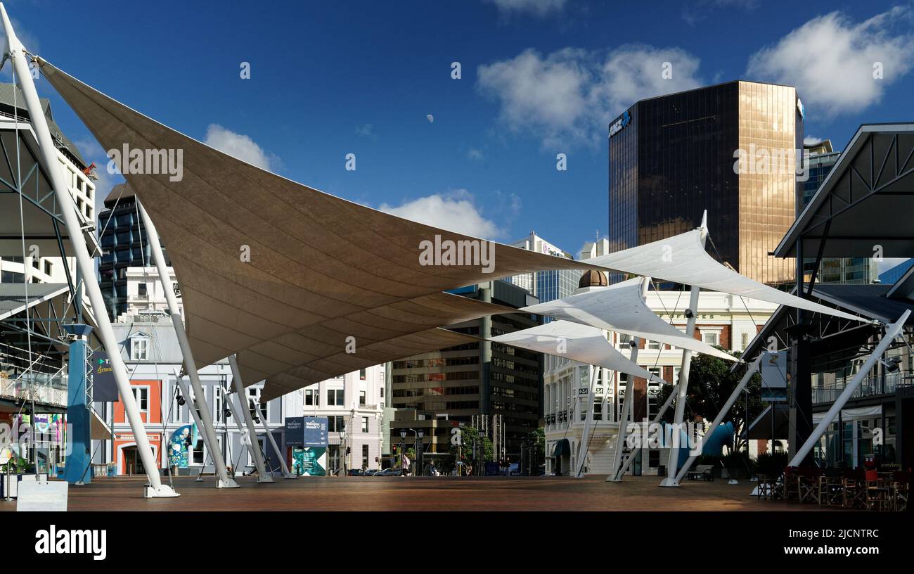 Wellington, Aotearoa / New Zealand – May 25, 2019: Downtown CBD open area covered by a shade sail. Stock Photo