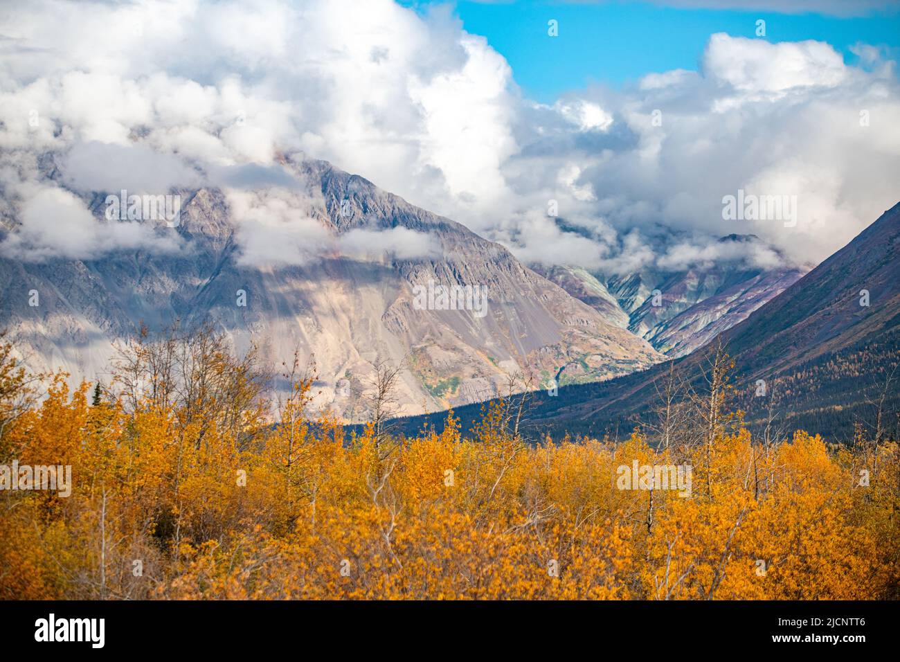 Landscape, road trip scenes in Yukon Territory, during fall, autumn