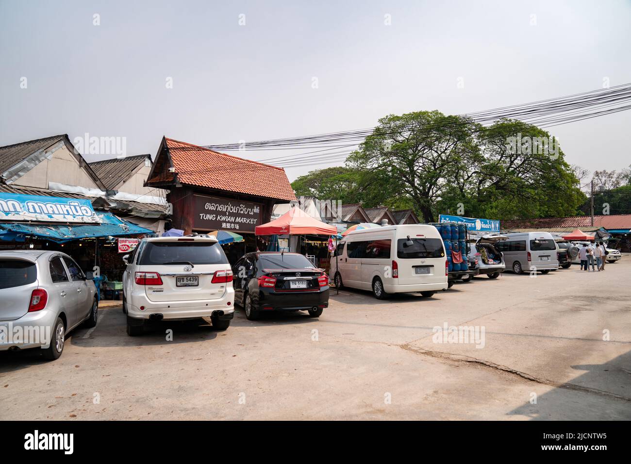 Lampang, Thailand - 28 Mar 2021, Environment of CarParking in front of Kad Tung Kwain Market, Local Traditional Marketplace in Lampang in Coronavirus Stock Photo