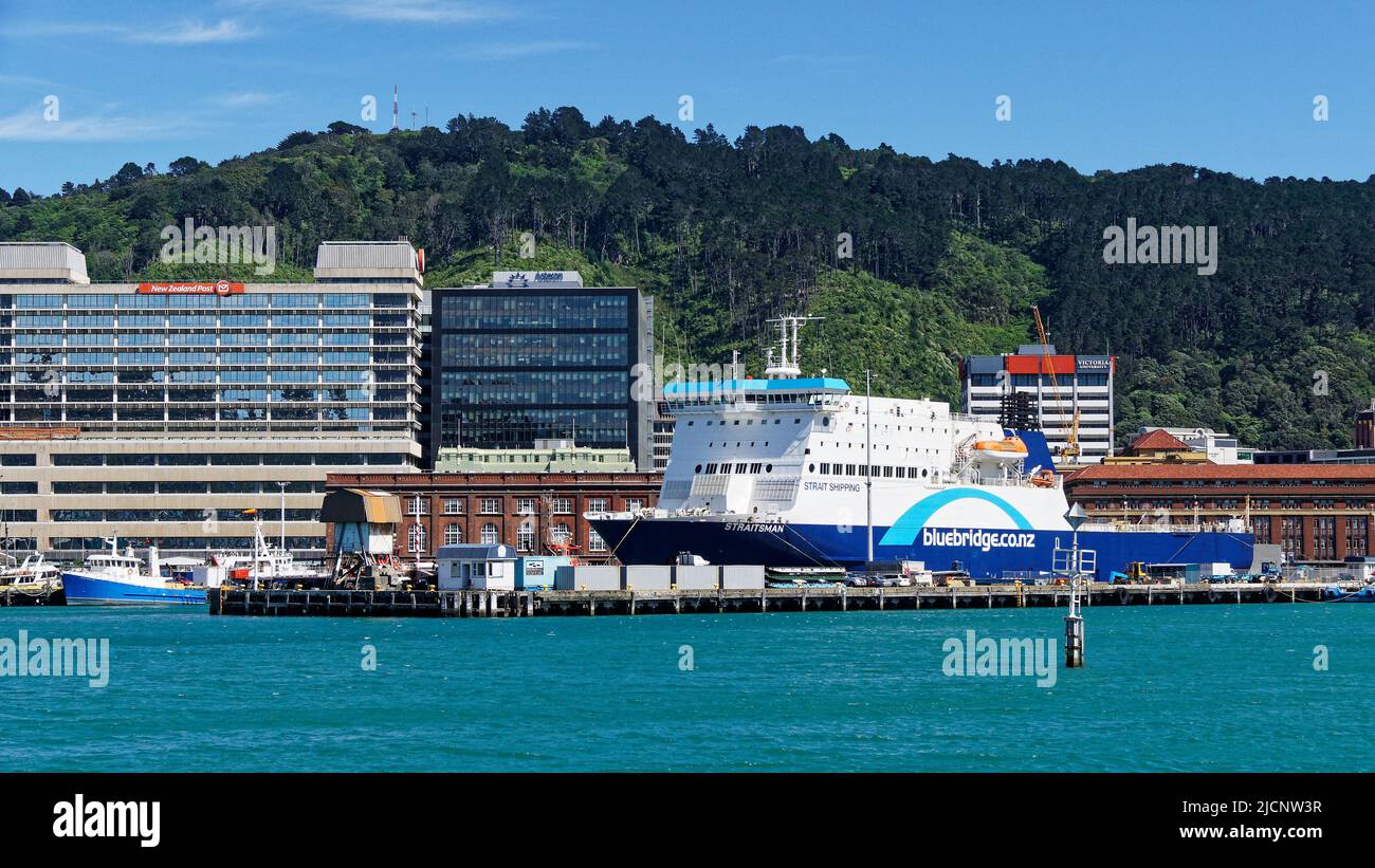 Wellington, Aotearoa / New Zealand - April 30, 2012: The Bluebridge ferry terminal at Wellington harbour. Stock Photo