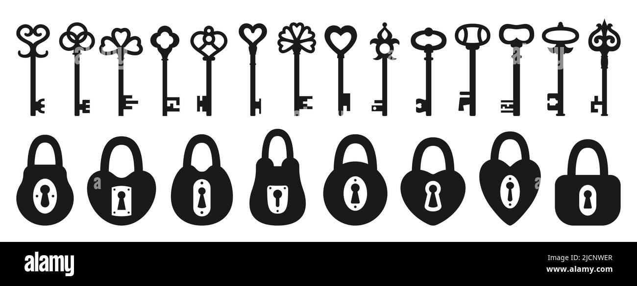 Lock and Key silhouette icon set. Old padlock for safety and security protection vintage design element. Private access symbol keys and locks for logo, game, web or app ui sign locking privacy Stock Vector