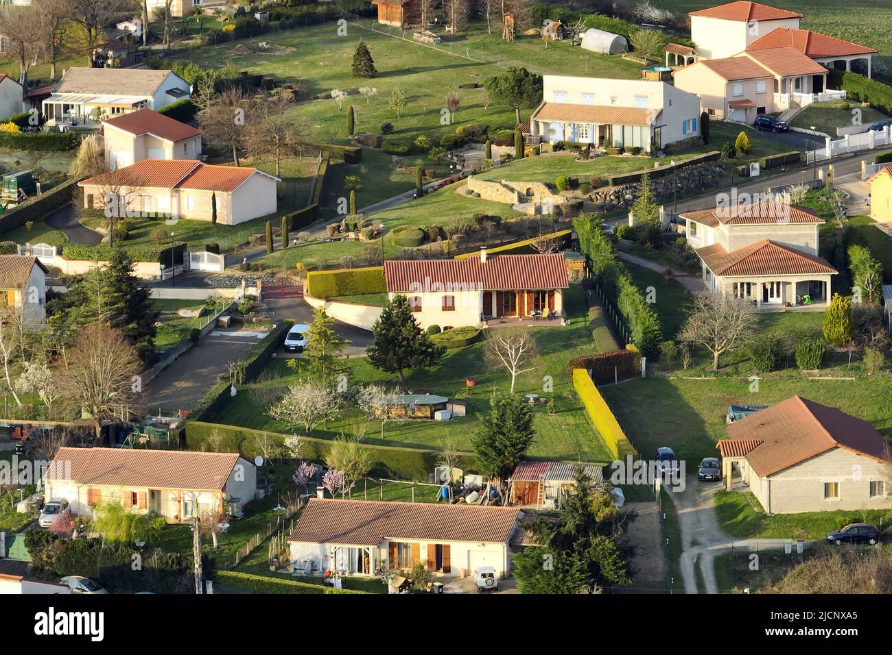 Aerial view of residential houses in green suburban rural area Stock ...