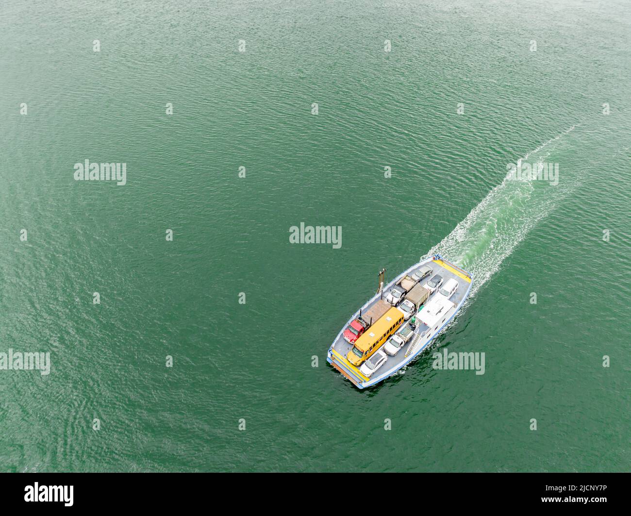 Aerial view of the Shelter Island South Ferry transporting vehicles