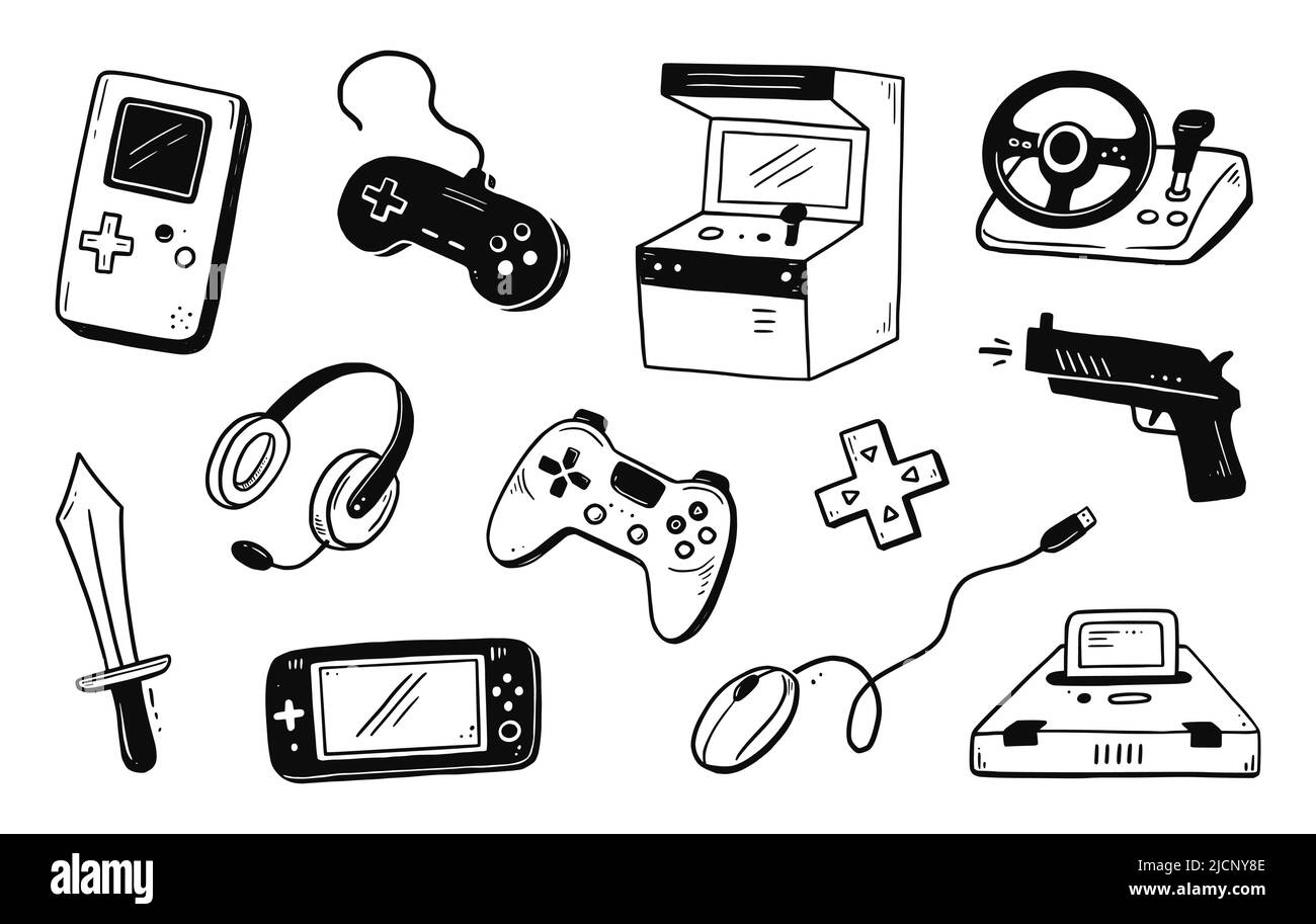 Video Game Hand Drawn Doodle Set Video Gamer Console Joystick Controller Element Computer Retro Arcade Play Background Vector Illustration Stock Vector Image Art Alamy