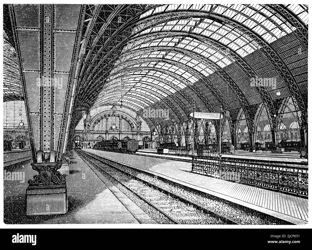 Entrance hall of the main station in Frankfurt am Main. Publication of the book 'Meyers Konversations-Lexikon', Volume 2, Leipzig, Germany, 1910 Stock Photo