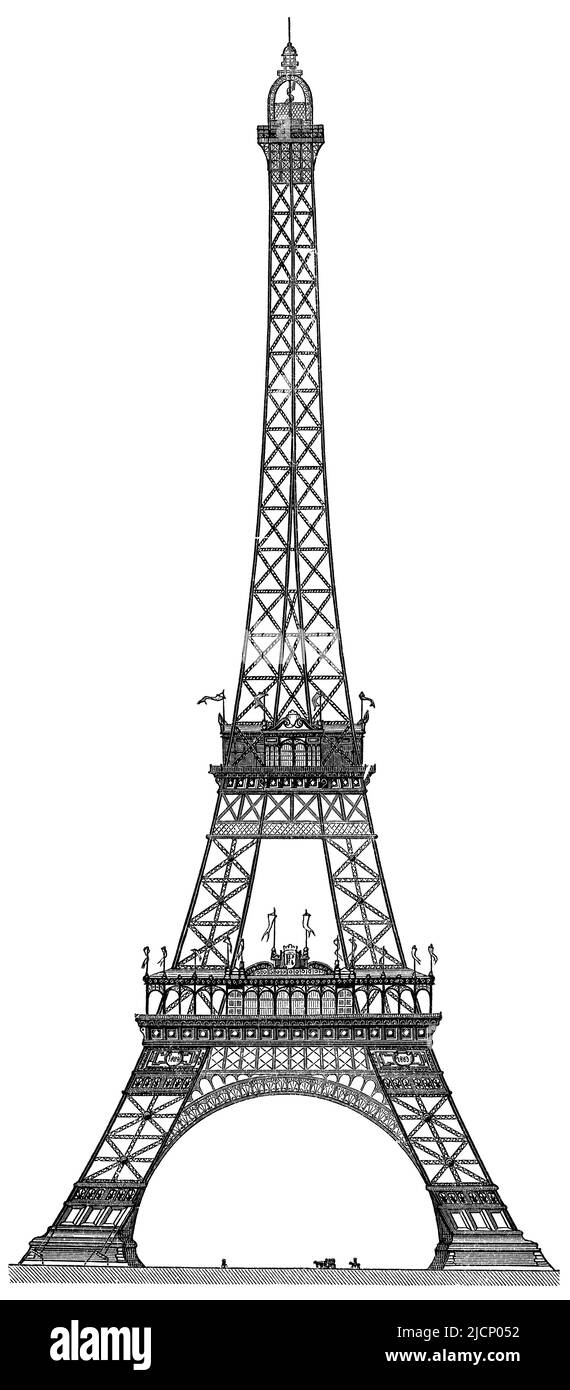 Eiffel Tower in Paris. Publication of the book 'Meyers Konversations-Lexikon', Volume 2, Leipzig, Germany, 1910 Stock Photo
