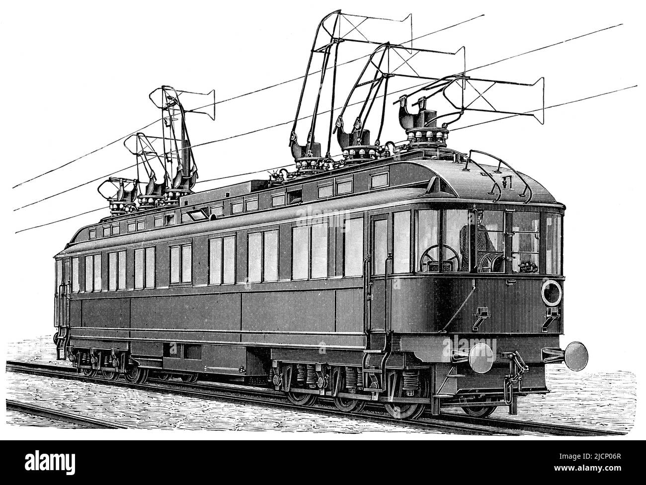 Motor car of the electric rapid transit system. Publication of the book 'Meyers Konversations-Lexikon', Volume 2, Leipzig, Germany, 1910 Stock Photo