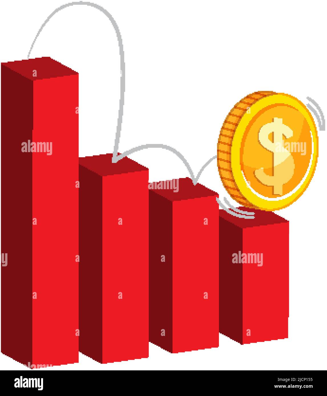 Red bar chart with a coin going down illustration Stock Vector Image