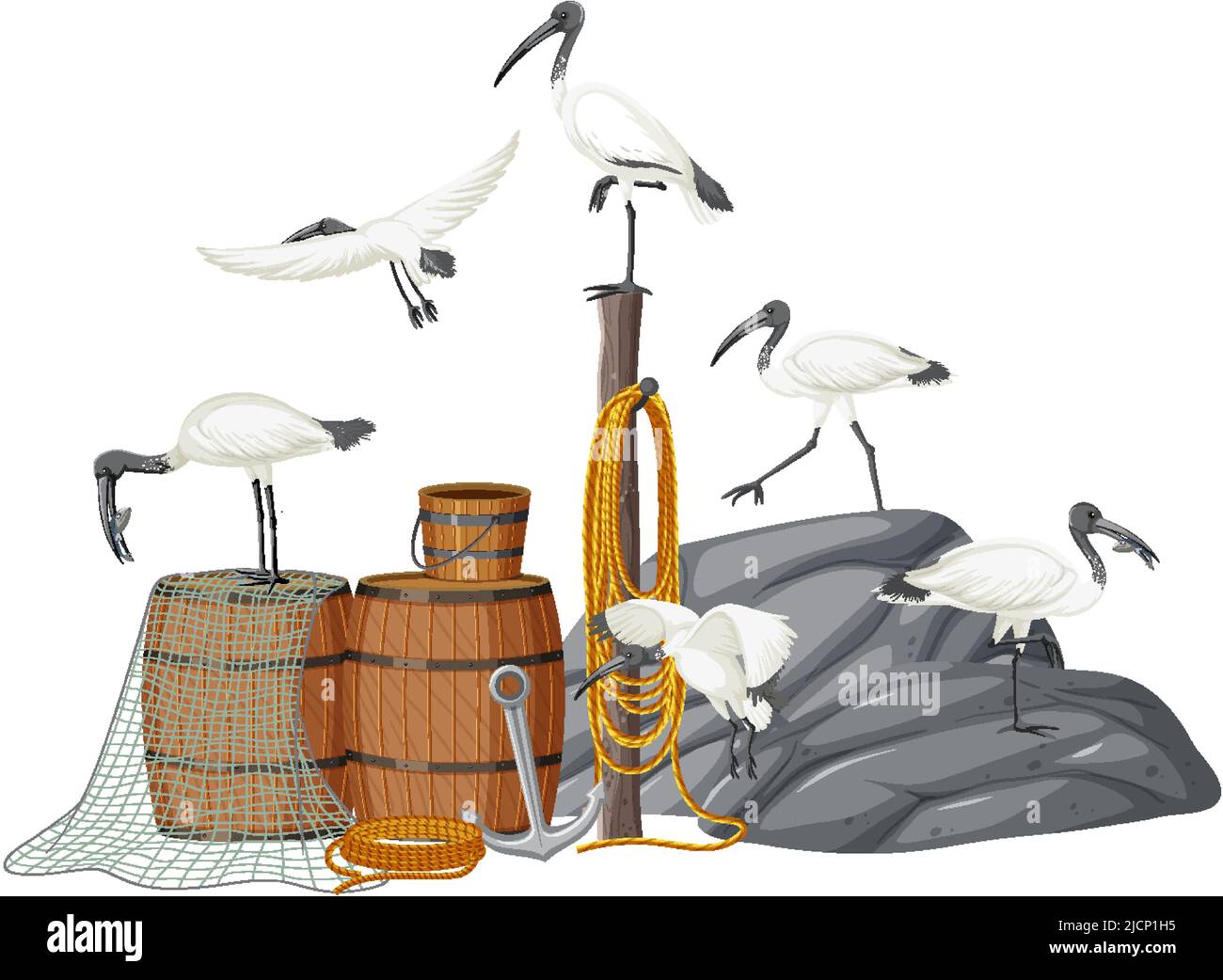 Autralian white ibis group with fishing objects illustration Stock Vector