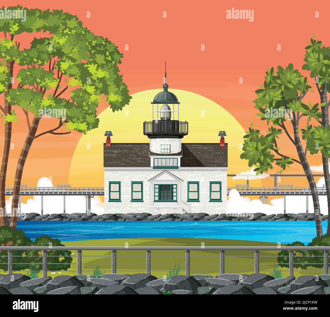 Lighthouse sea coast at sunset background illustration Stock Vector ...