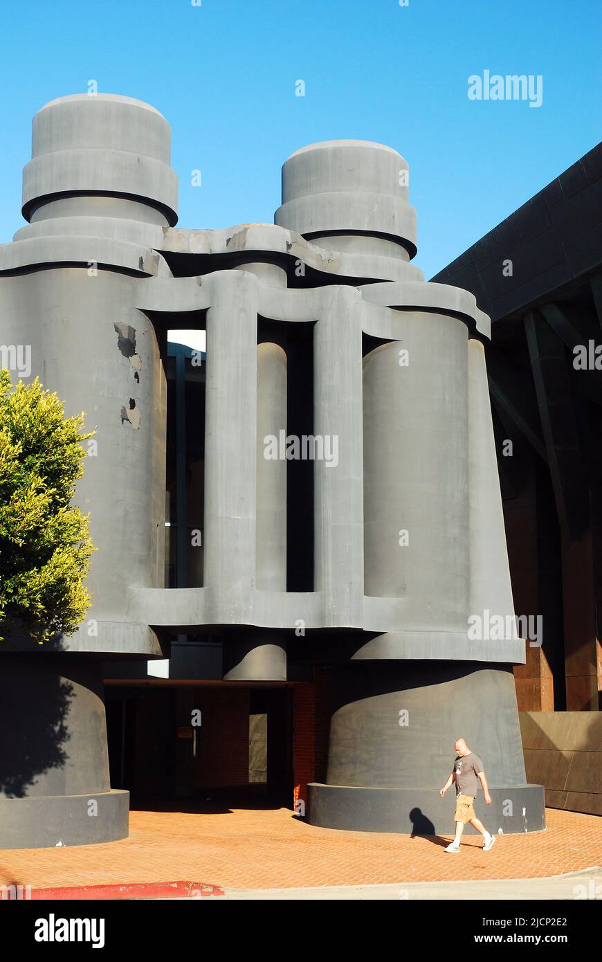 A large set of binoculars stands outside of the Chiat Day Building, designed by noted archit3ect Frank Gehry, in Venice Beach, near Los Angeles Stock Photo
