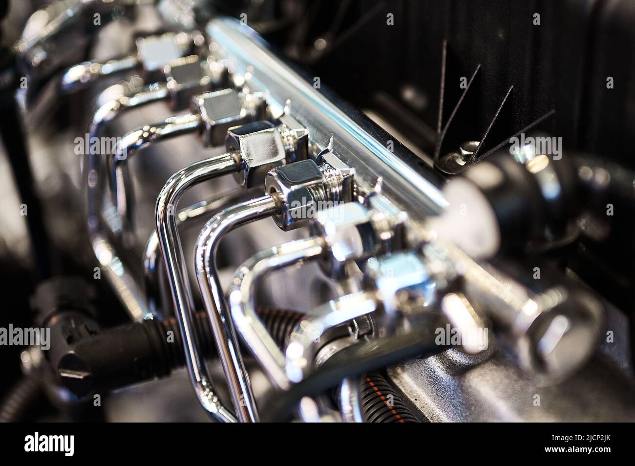 Thin pipes of high pressure pump of powerful diesel engine Stock Photo
