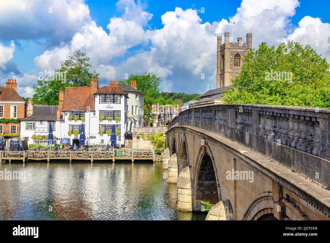 6 June 2019: Henley on Thames, UK - Henley Bridge and the River Thames, with The Angel riverside pub and restaurant. Stock Photo
