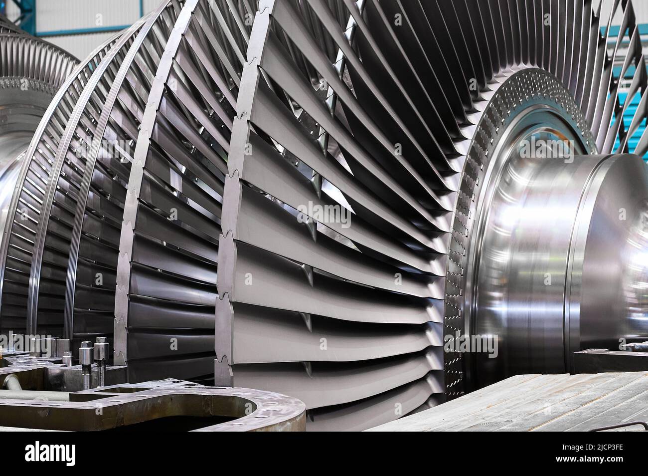Rotor With Blades Of Powerful Steam Turbine In Workshop Stock Photo Alamy