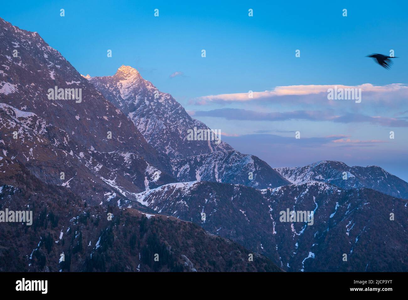Snow Covered Mountains Views from Khaliya Top, Munsiyari, Uttarakhand, India Stock Photo