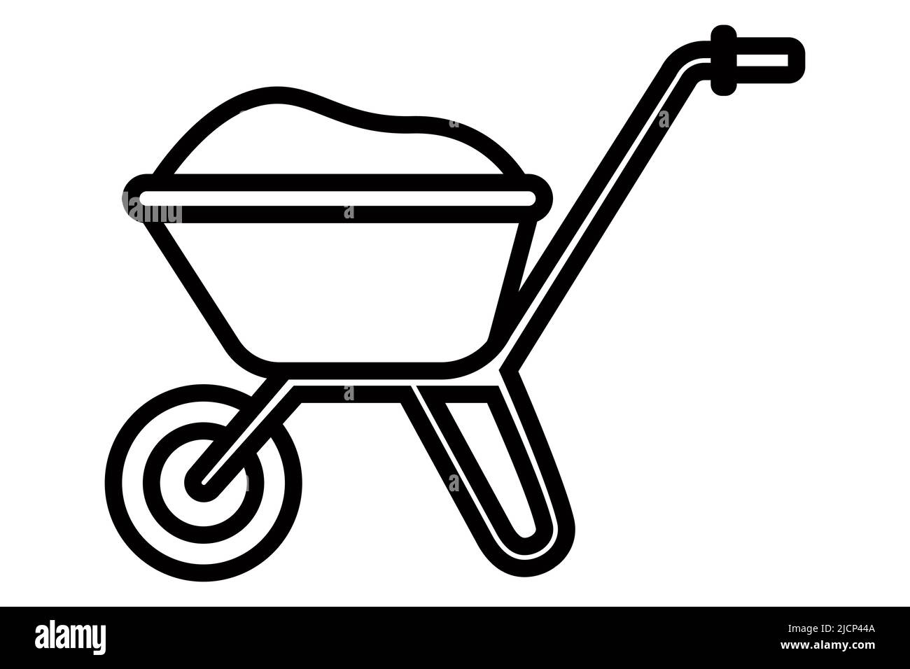 A black construction cart icon is transporting cargo in the garden. flat vector illustration. Stock Vector