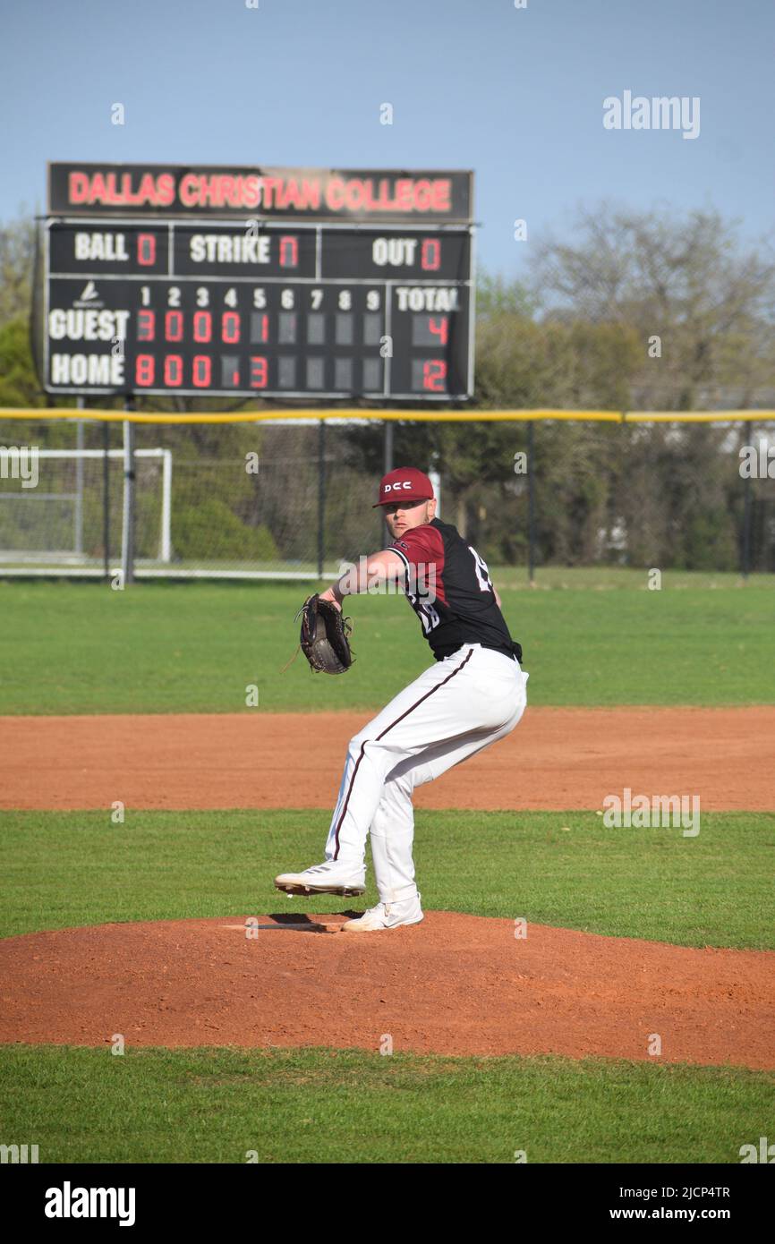 A Dallas Chrisitan College baseball player on the mound during a game