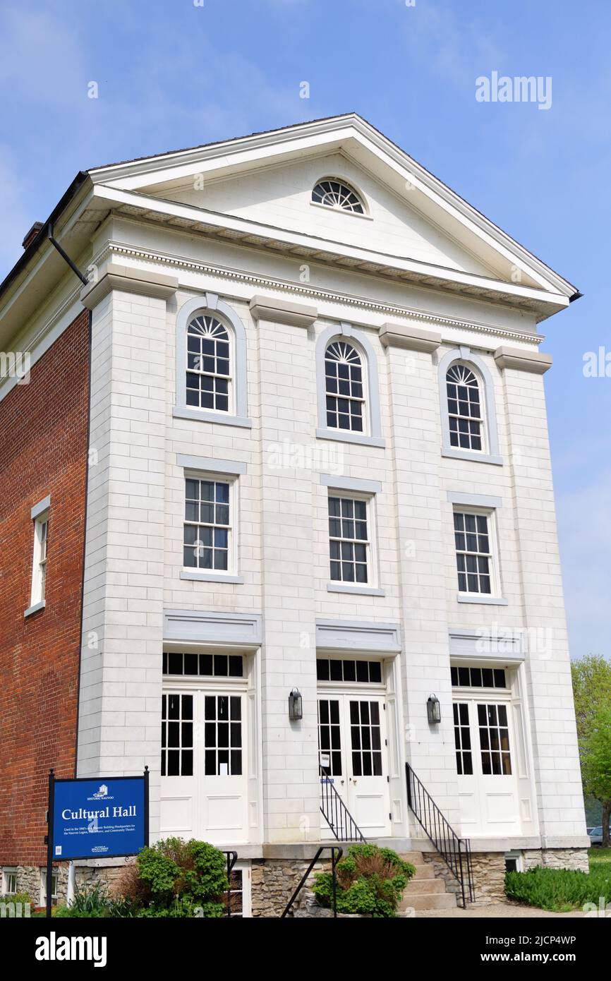Nauvoo, Illinois, USA. The Cultural Hall, one of numerous preserved buildings is a historic sight in the Mississippi River community. Stock Photo