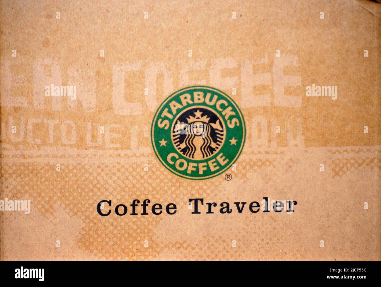 Close up of a Starbucks Coffee logo on a Coffee Traveler Stock Photo