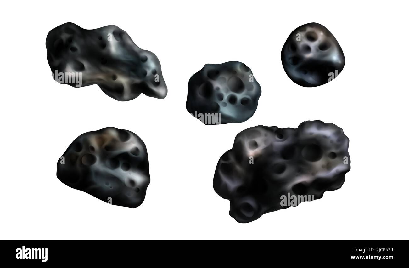 Stone asteroids realistic vector illustration. Meteor or space boulder or rock with craters isolated icon set on white background, various form Stock Vector