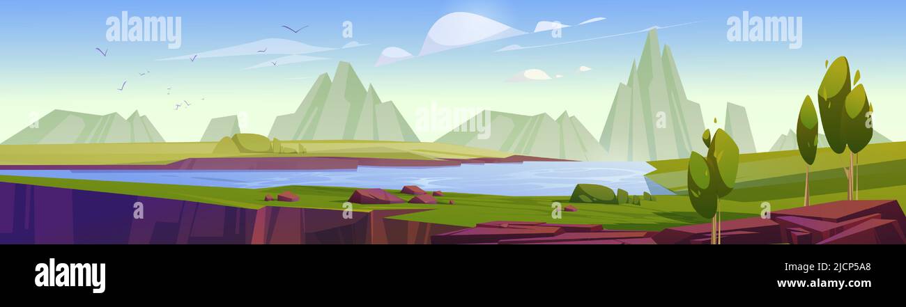 Mountain valley landscape with river, trees and rock cliff. Vector cartoon illustration of summer nature panorama with green grass, lake with blue water, stones and fissure in ground Stock Vector