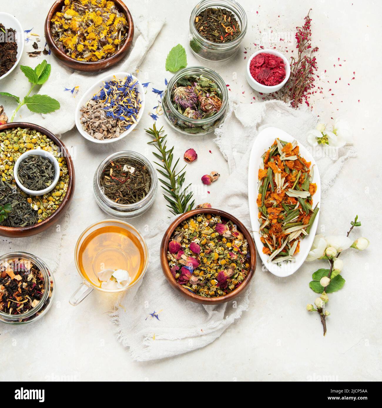 Herbal tea assortment on light background. Traditional healthcare