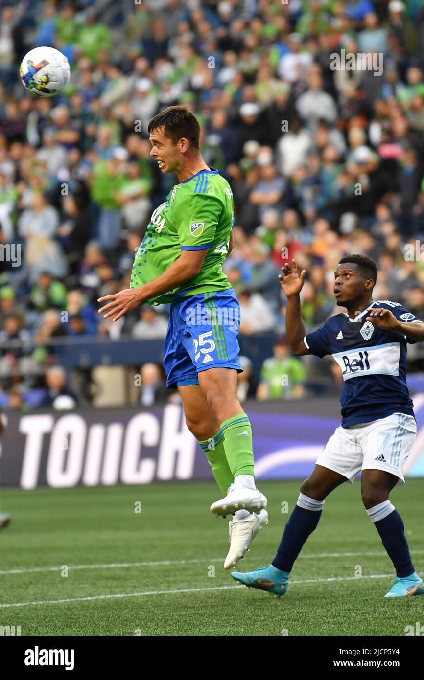 Seattle, WA, USA. 14th June, 2022. Seattle Sounders defender Jackson Ragen with a first half header during the MLS soccer match between Vancouver Whitecaps FC and Seattle Sounders FC at Lumen Field in Seattle, WA. Steve Faber/CSM/Alamy Live News Stock Photo