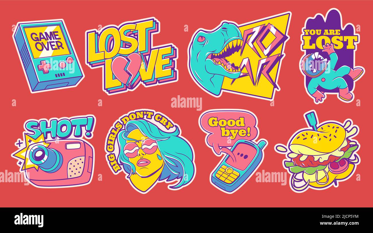 Trendy retro stickers with spaceman, camera, dinosaur and girl. Vector set of contemporary comic badge patches with hamburger and mobile phone. Kitsch art, psychedelic 90s design Stock Vector