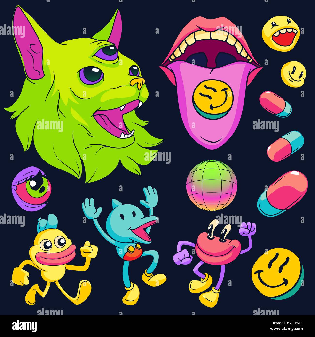 Psychedelic stickers with drugs, cat with three eyes and weird creatures isolated on black background. Vector cartoon set of acid icons, trendy rave design patches Stock Vector
