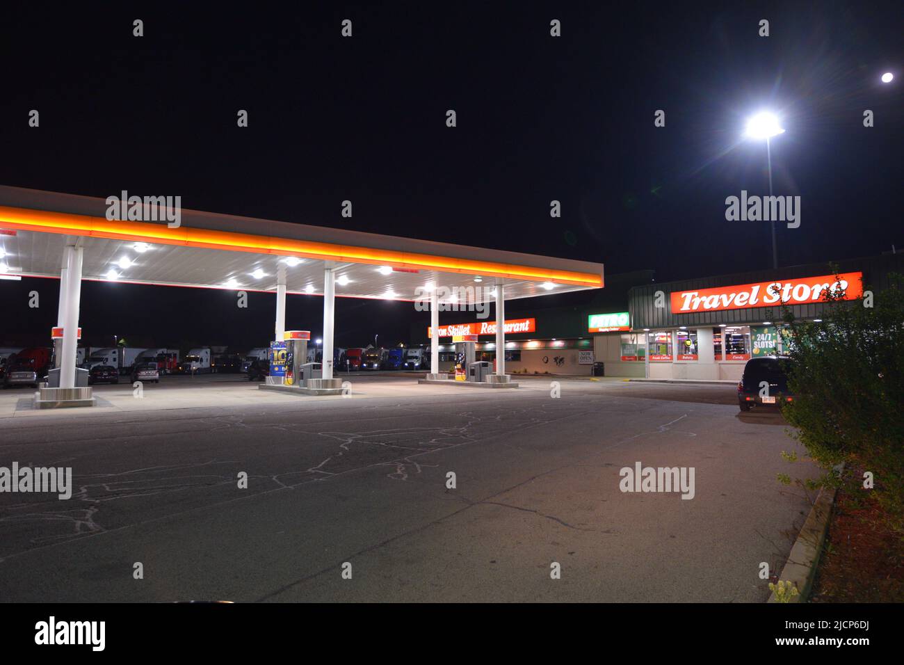 Night time photo of the gas pumps at the Petro Truck Stop in Monee