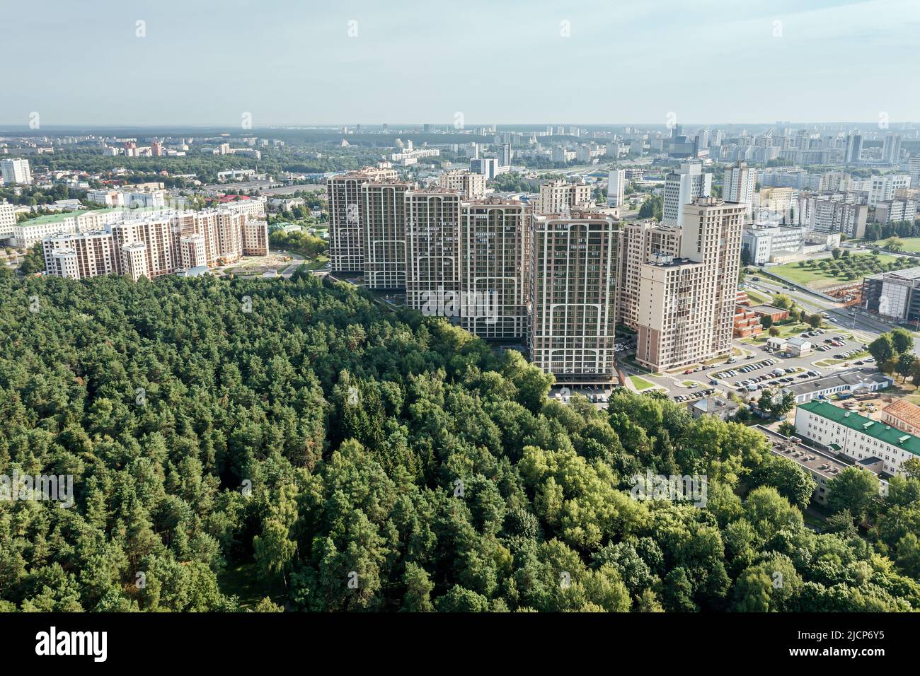 newly constructed housing estate near city park. aerial panoramic view. Stock Photo
