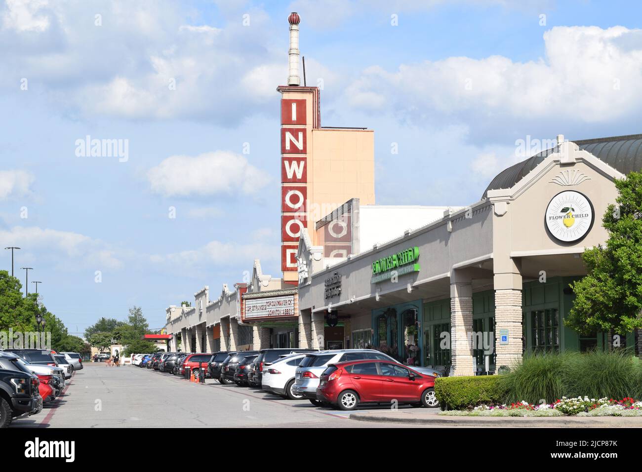 Cars parked in front of the Inwood Movie Theater in Dallas Texas Stock