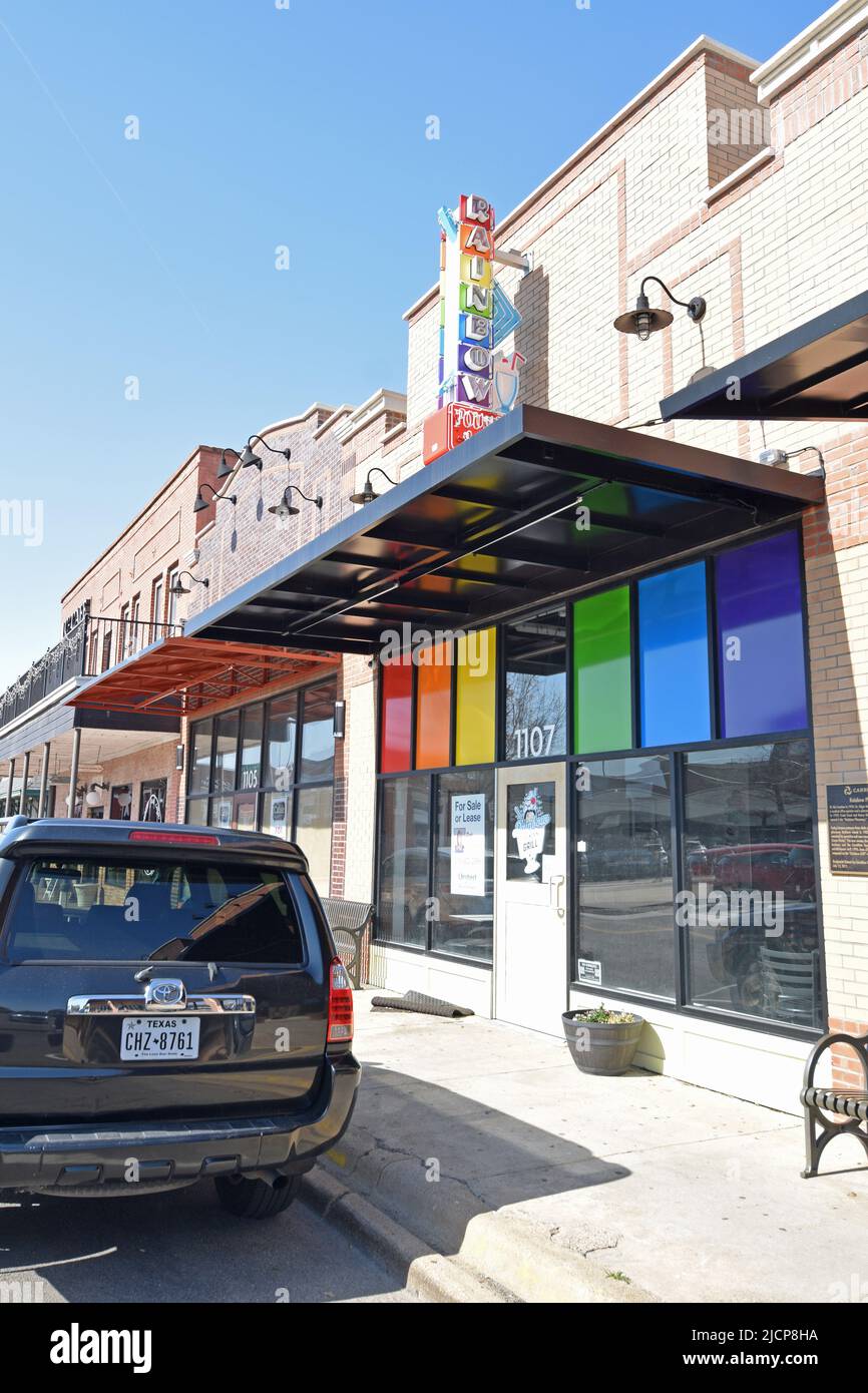 Historical Downtown Carrollton Texas: Rainbow Fountain and Grill (now permanently closed) Stock Photo