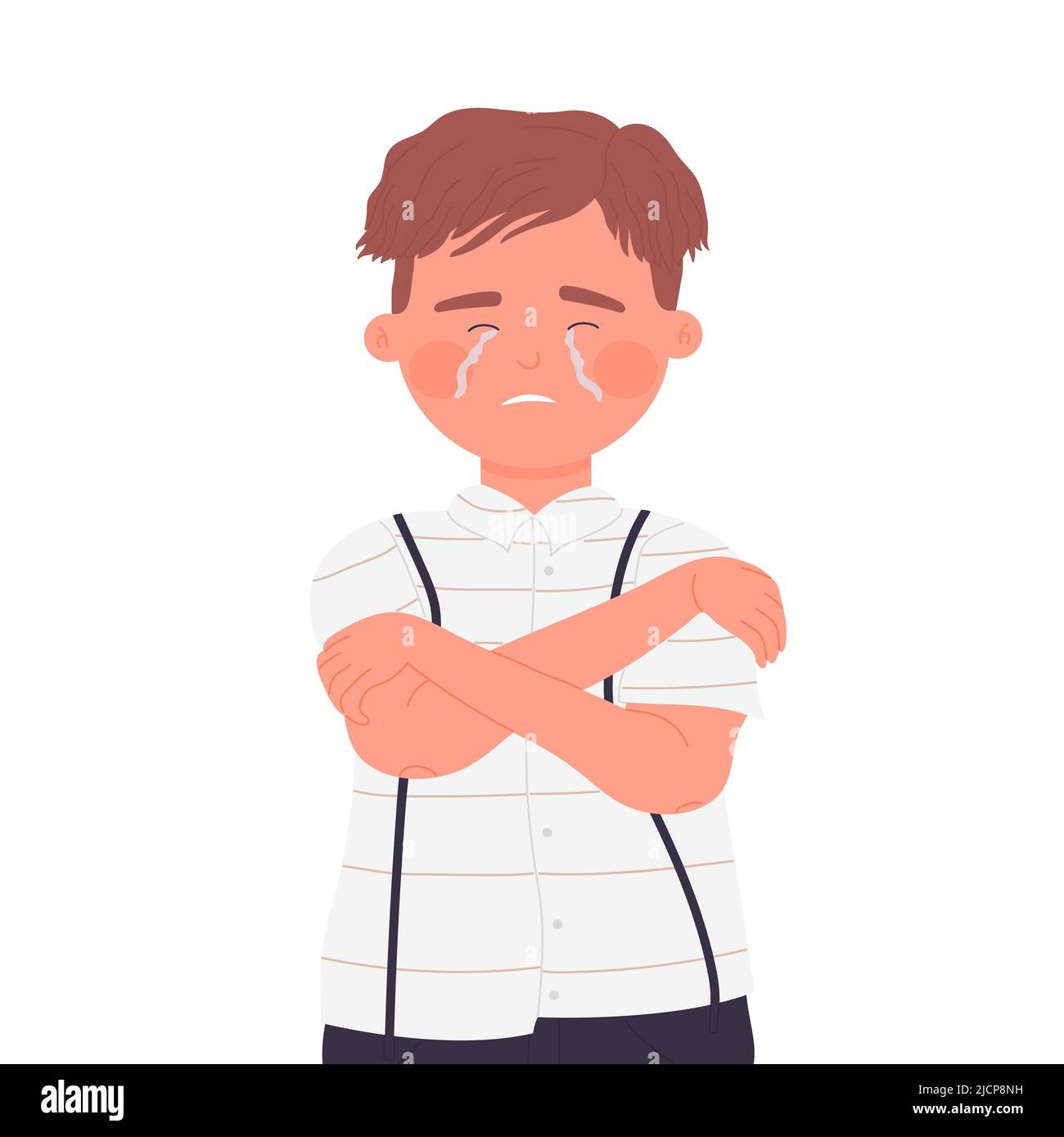 Little upset boy crying alone. Loneliness and depression, anxiety problems vector illustration Stock Vector