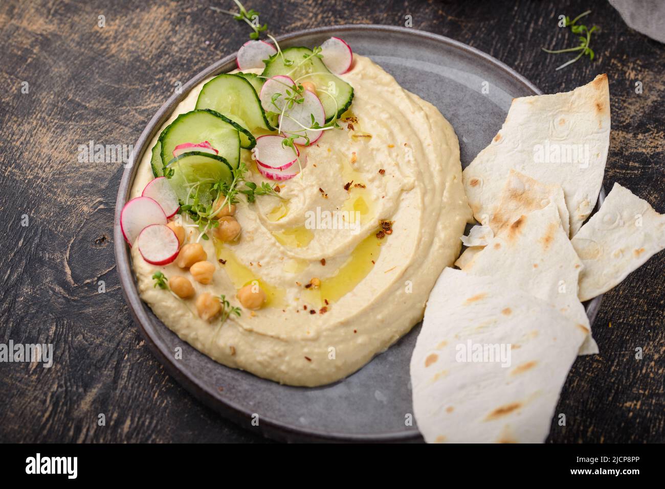 Hummus from chickpeas and pita bread Stock Photo Alamy