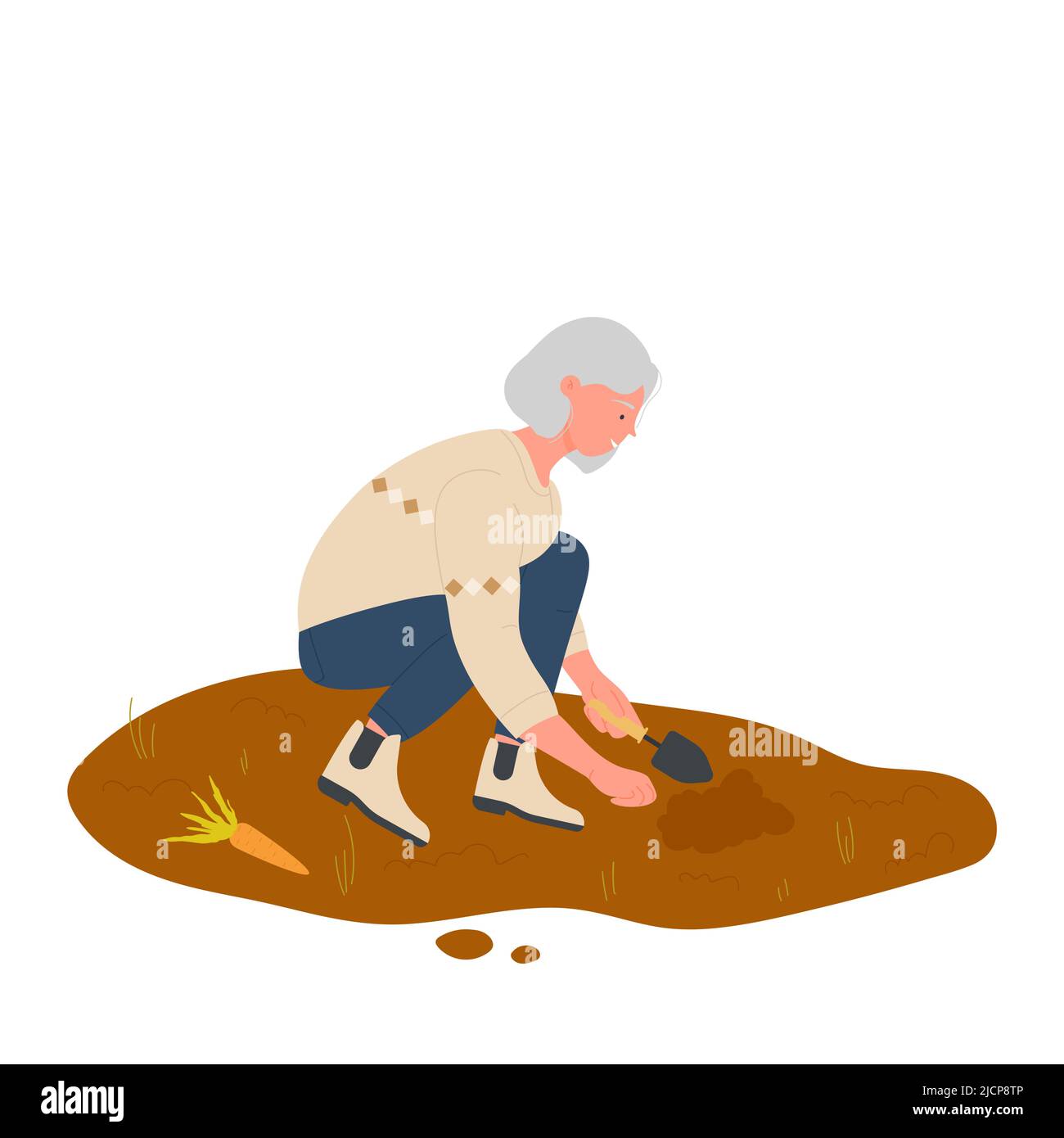 Equipped farmer woman harvesting biological carrots. Farming and ecological agriculture activity cartoon vector illustration Stock Vector