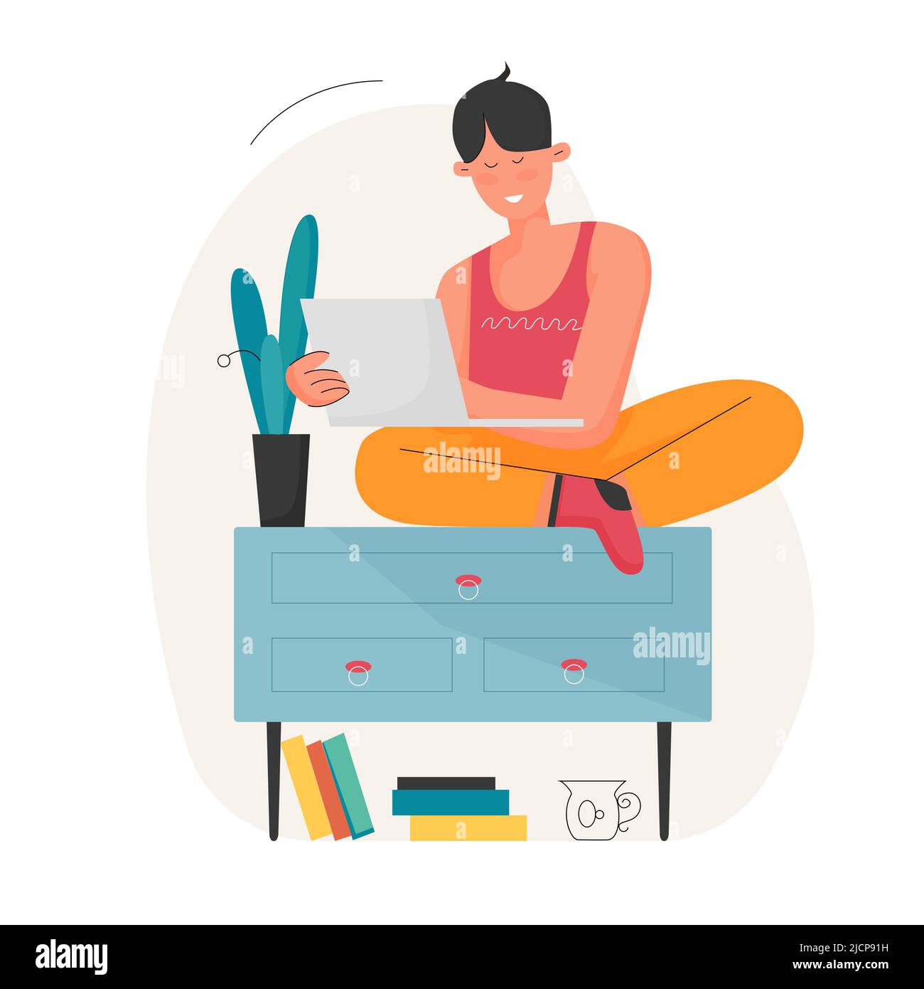 Cute boy sitting on cupboard and reading letter. Receiving personal information sheet cartoon vector illustration Stock Vector