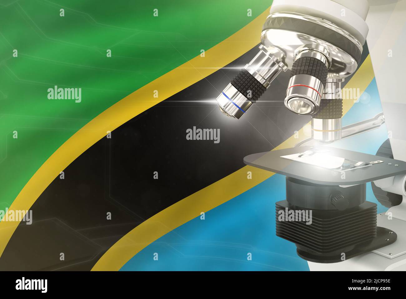 Microscope on Tanzania flag background science development concept. Research in pharmaceutical