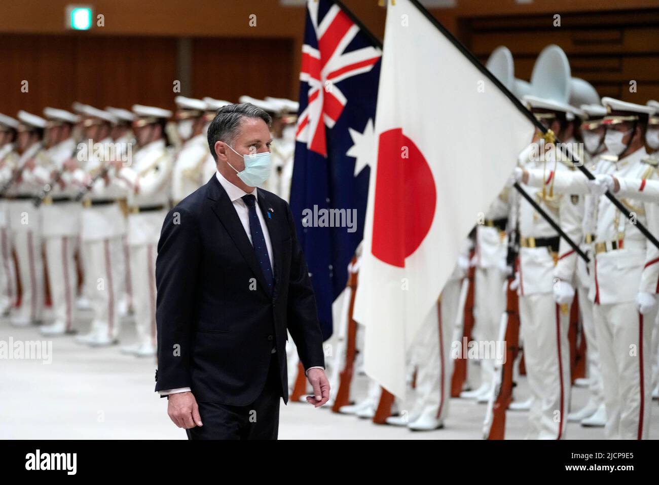 Tokyo, JPN. 15th June, 2022. Australian Deputy Prime Minister and Defense Minister Richard Marles inspects an honor guard ceremony, prior to Japan-Australia bilateral defense meeting at the Japanese Ministry of Defense on Wednesday, June 15, 2022, in Tokyo, Japan. (Credit Image: © POOL via ZUMA Press Wire) Stock Photo
