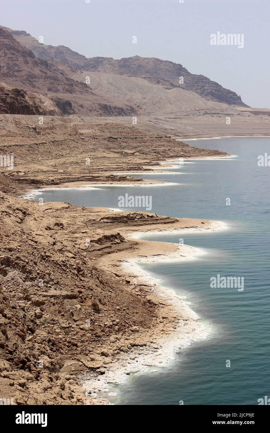 Dead Sea Coastline with salt encrustation, Jordan, Middle East Stock Photo