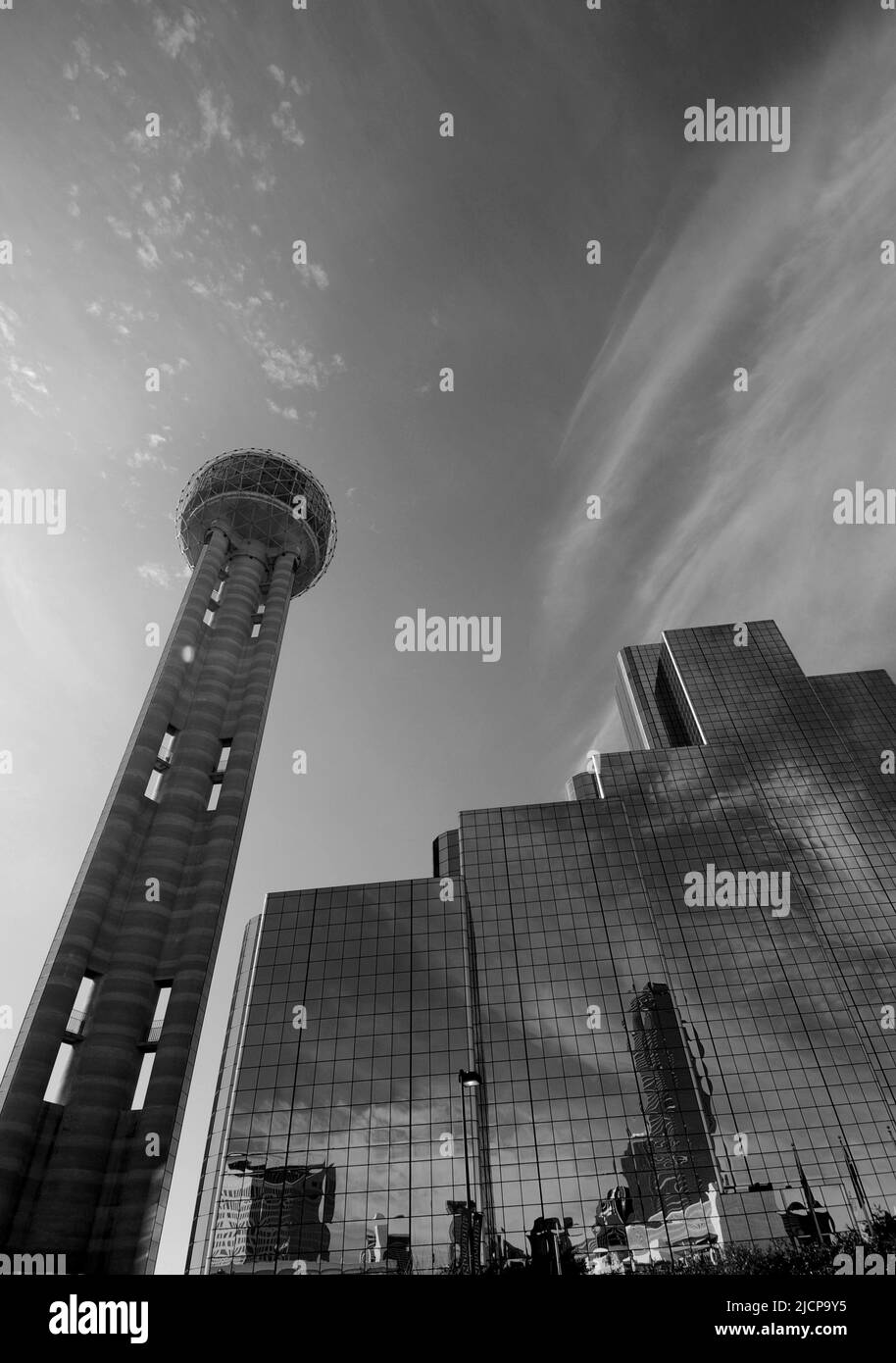 Reunion Tower (next to the Hyatt Regency Hotel) in downtown Dallas Texas Stock Photo