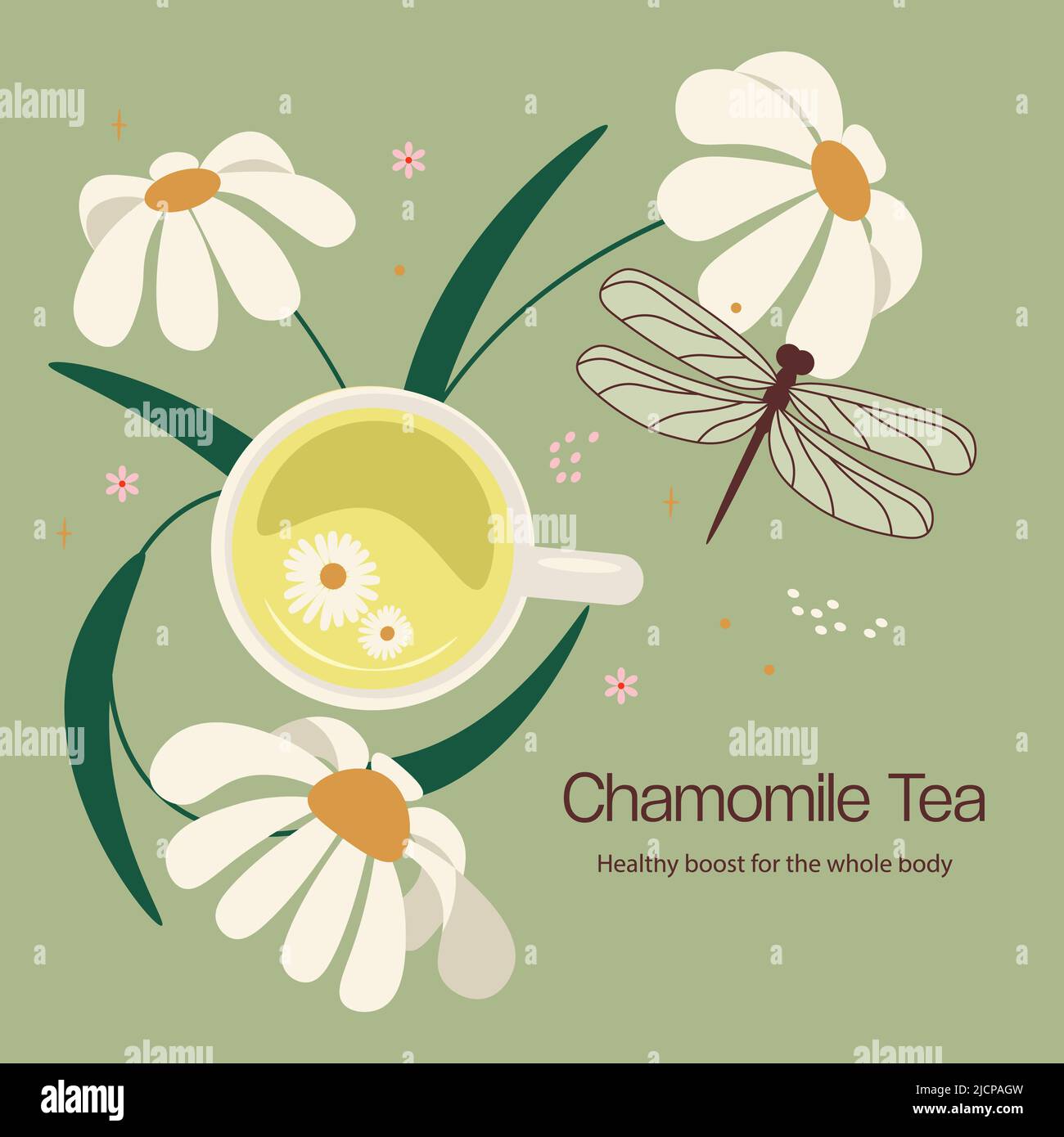Mug of herbal tea among the chamomile flowers. Composition for tea packaging design. Suitable for tea shop, drinks menu, baking, candy and sweets, hea Stock Photo