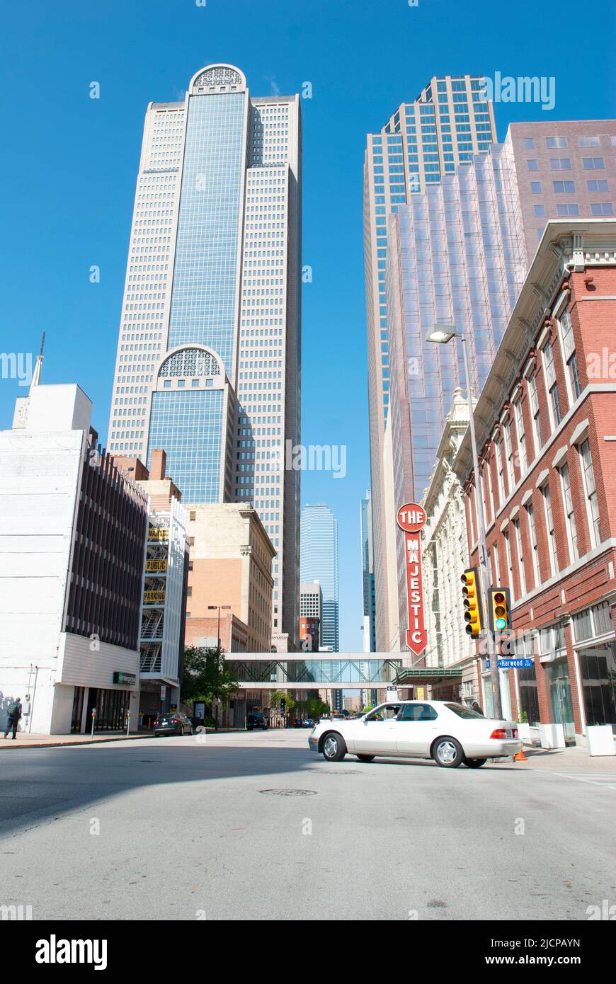 View of downtown Dallas, Texas looking west. The Majestic Theater on the right side of the street ca. 2013 Stock Photo
