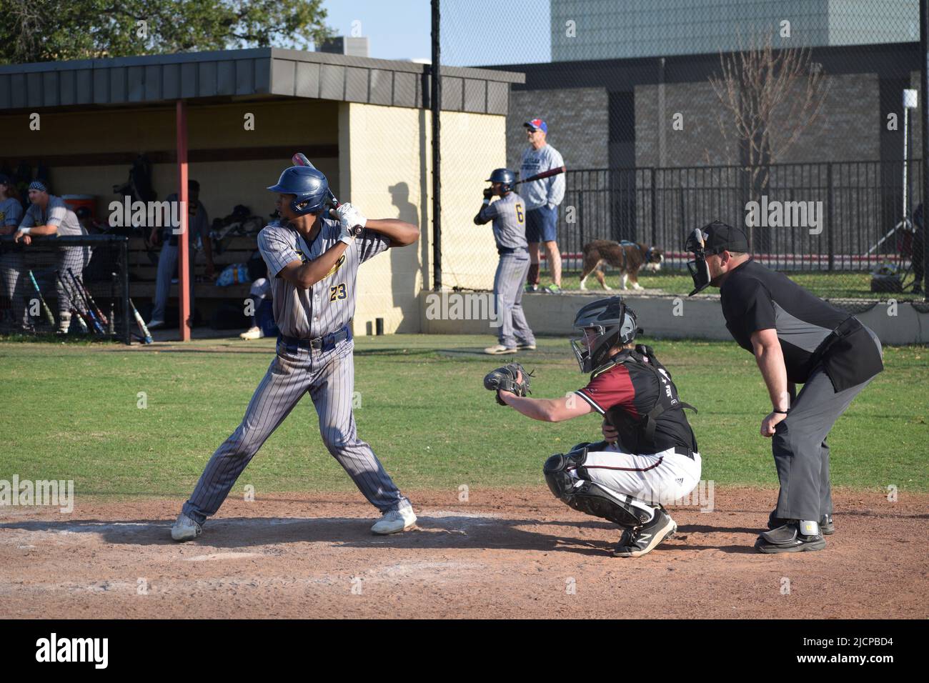 An Ecclesia College baseball player at bat in a game against Dallas Christian College Stock Photo