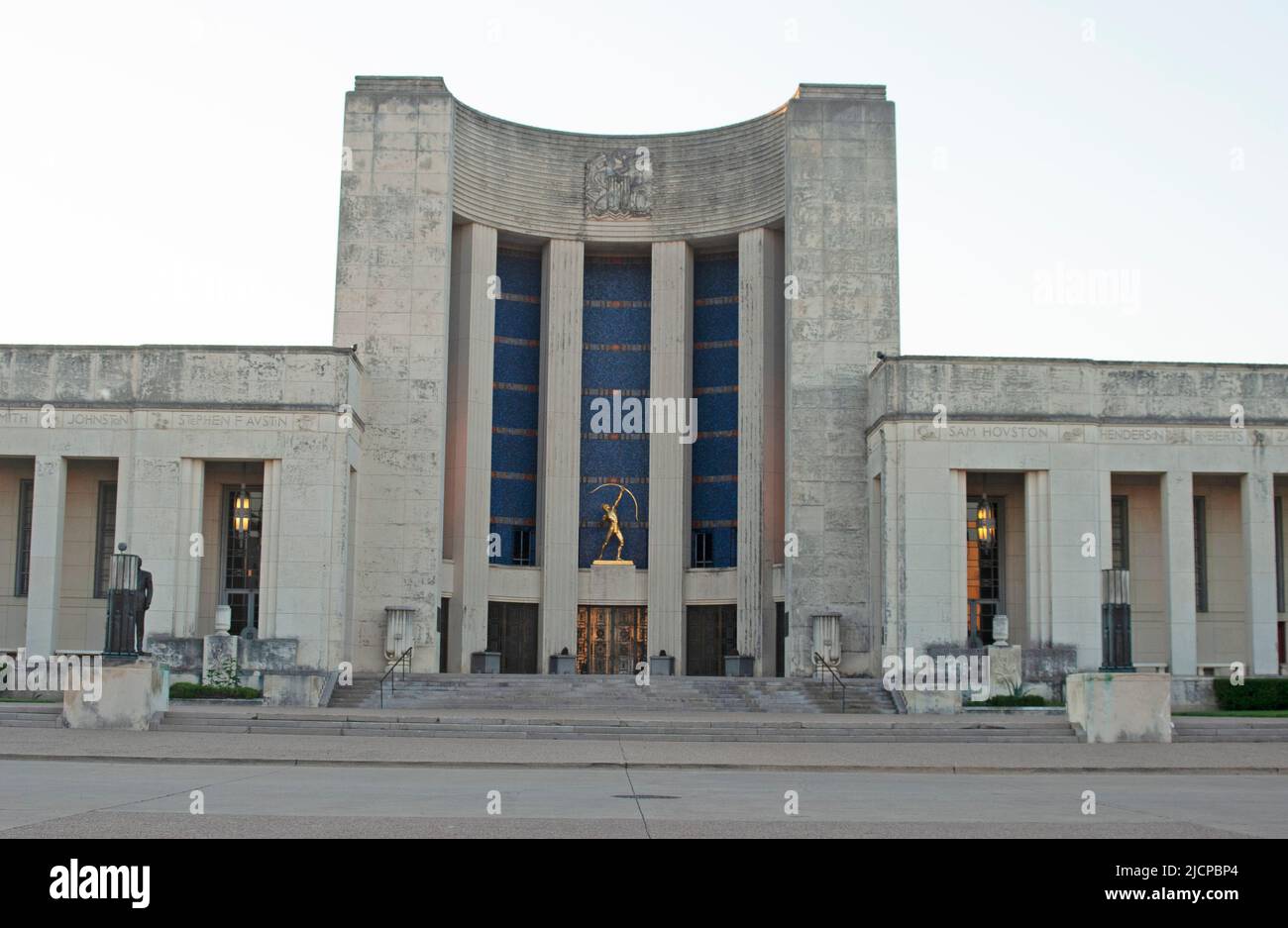 Fair Park Hall of State in Dallas Texas with the Tejas Warrior sculpture in the middle ca. 2011 Stock Photo
