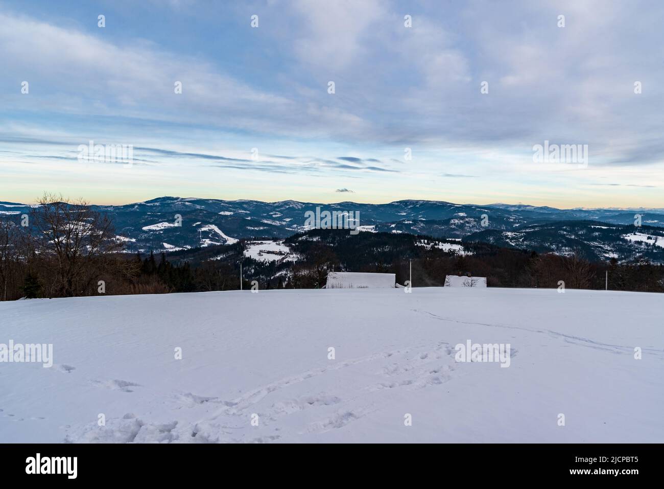 View from Cieslar hill in Beskid Slaski mountains on polish - czech borders during beautiful winter day Stock Photo
