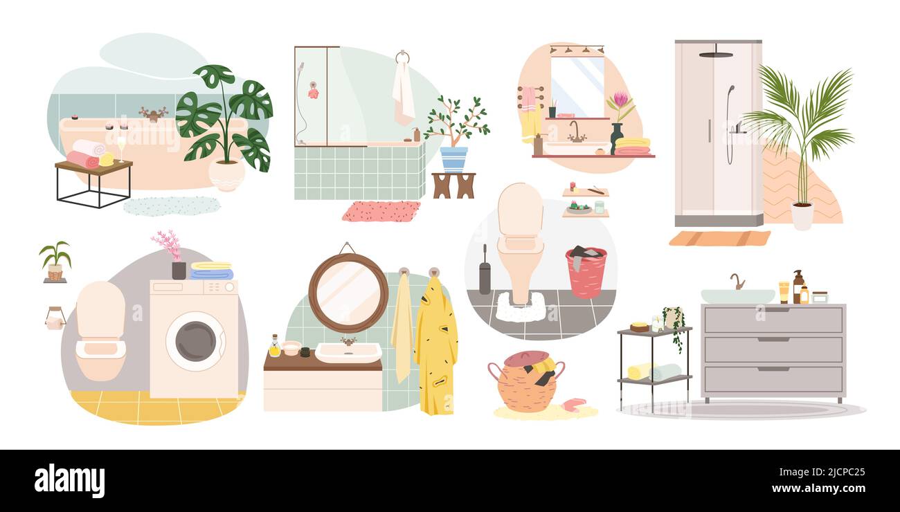 Bathroom, WC accessories and home furniture set, washing machine