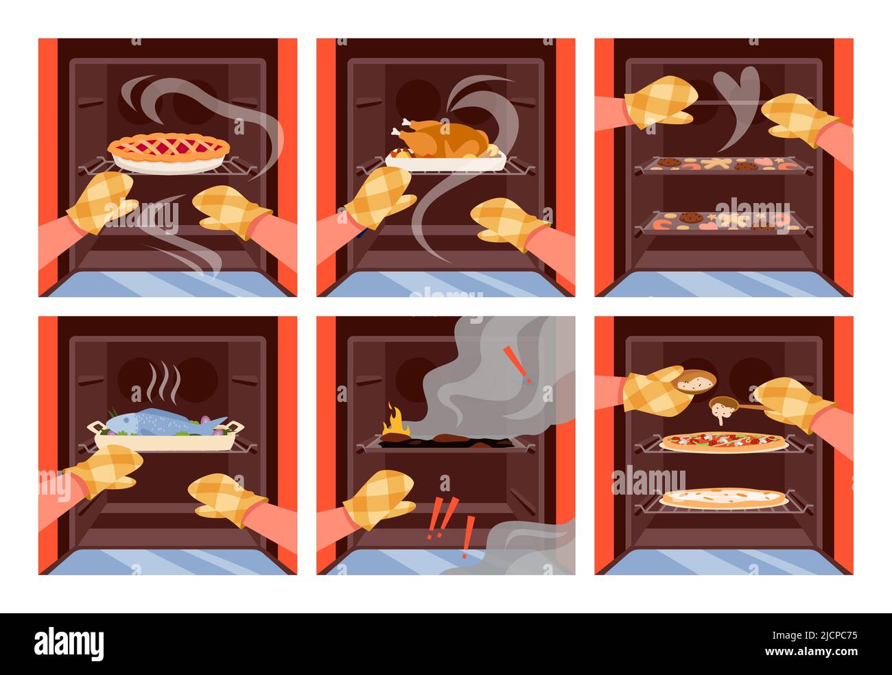 Different baked food in opened oven Stock Vector