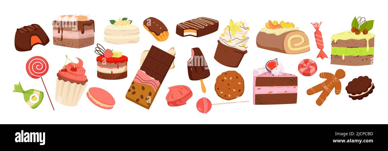 Sweet candy and cakes set, sugar snack confection scrapbook collection with assorted menu Stock