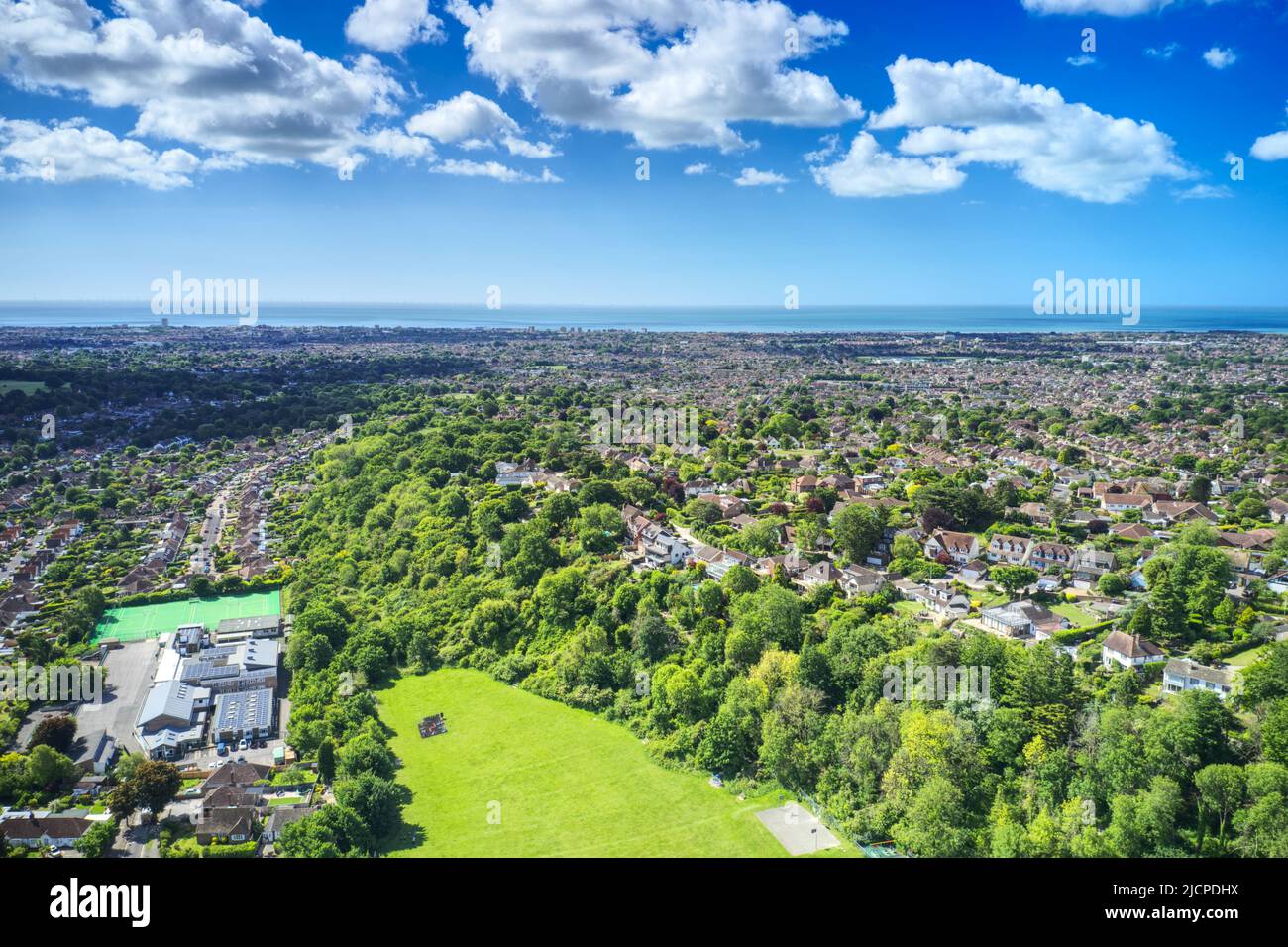 High Salvington set in the foothills of the South Downs with magnificent views over Worthing and along the the South coast of England in West Sussex, Stock Photo